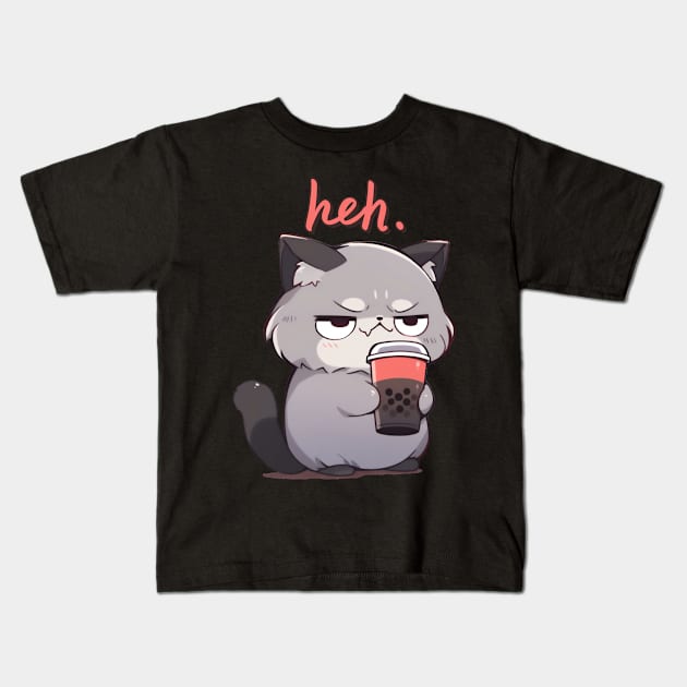 Heh Funny Raccoon Drinking Boba Tea Kids T-Shirt by Mieu-Angels